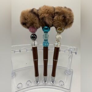 3 Leopard Fur Pom Pom Beaded Pens